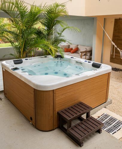a jacuzzi tub in a living room with a palm tree at VT cottage in Rivière-Pilote