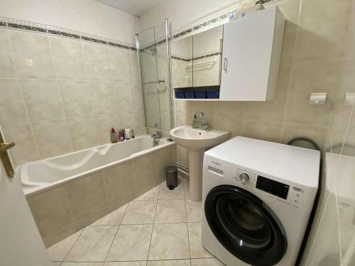 une salle de bain avec une machine à laver et un lavabo dans l'établissement Appartement RDC face à la mer avec balcon et parking privatif - FR-1-672-26, à Merlimont