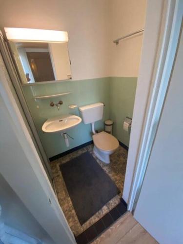 ein Badezimmer mit Toilette, Waschbecken und Spiegel in der Unterkunft Pipin’s Studio in Ostermundigen