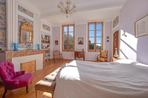 a bedroom with a large bed and a fireplace at APPARTEMENT DERNIER ETAGE DANS BASTIDE in Aix-en-Provence