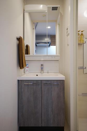 a bathroom with a sink and a mirror at 川HOUSE黒門 in Osaka