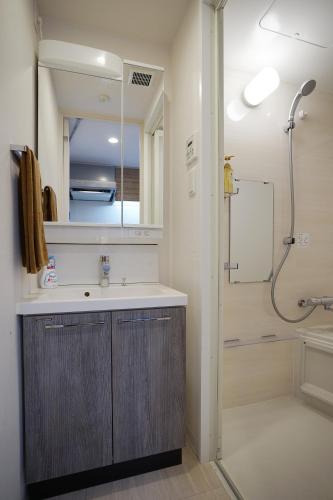 a bathroom with a sink and a shower with a mirror at 川HOUSE黒門 in Osaka