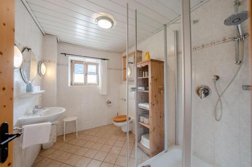 a bathroom with a shower and a toilet and a sink at Ferienhaus Bichler in Mittenwald
