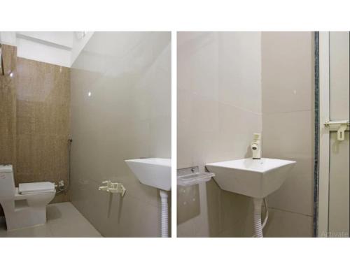 two pictures of a bathroom with a sink and a toilet at Jay Shanti Palace, Dewas in Dewās
