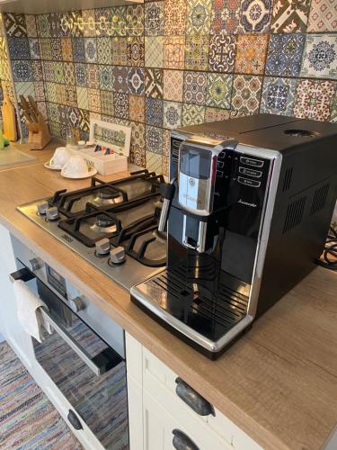 a microwave oven sitting on top of a kitchen counter at Apart-Hotel "LAVINA" in Sumy