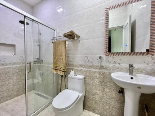 uma casa de banho com um WC, um lavatório e um espelho. em AquaVilla em Vashafaru