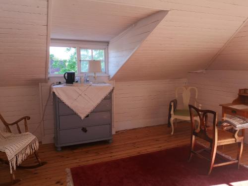 a room with a sink and a table in a attic at Stockholm B&B Cottage in Nacka
