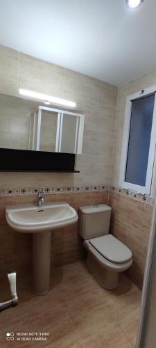アラクアスにあるMi pequeña terrazaのバスルーム(洗面台、トイレ、鏡付)