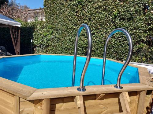 a swimming pool with two metal handles next to it at Villino Giuliana in Pietrasanta