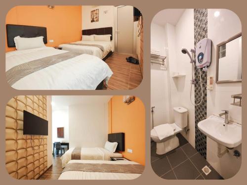 two pictures of a hotel room with two beds and a sink at Inn Residence 18 in George Town