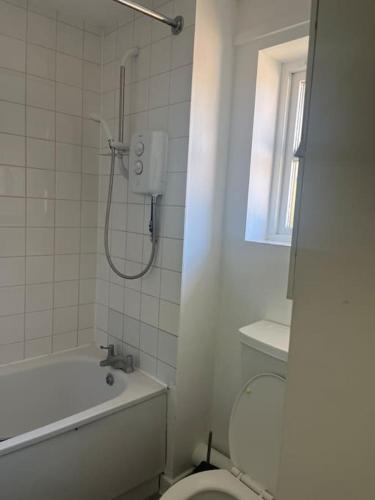 a white bathroom with a shower and a toilet at Extra Large House in Woolwich in Plumstead