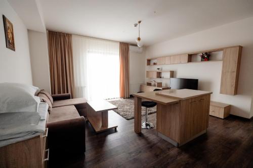 ein kleines Wohnzimmer mit einem Schreibtisch und einem Sofa in der Unterkunft Aparthotel Punct pe i in Sighetu Marmaţiei