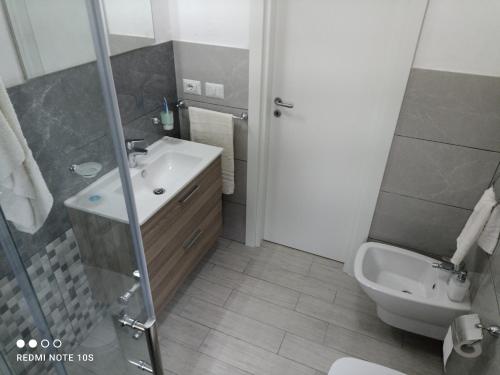 a bathroom with a sink and a toilet and a shower at Ranieli Apartments in Drapia
