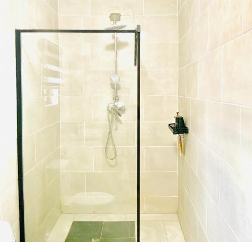 La salle de bains est pourvue d'une douche avec une porte en verre. dans l'établissement Monaco villa Palapye, à Palatswe