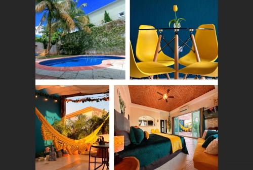 un collage de fotos de una casa con piscina en BEAUTIFUL & COZY NEAR BEACH Apartment Pool & KingSize Bed en Cancún