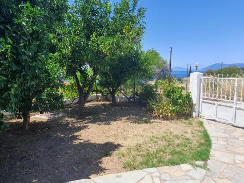 a yard with trees and a white fence at Haus Regina in Khronia