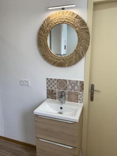 une salle de bain avec un lavabo et un miroir au mur dans l'établissement Appartement Crème, à Manosque