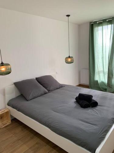 a bed in a bedroom with two pillows on it at Appartement Crème in Manosque