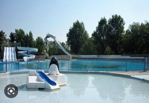 una piscina con tobogán y un pingüino inflable en el agua en Destination Gers, en Solomiac