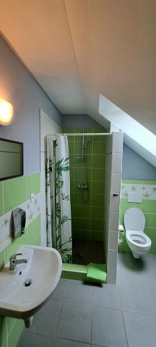 uma casa de banho com um chuveiro, um lavatório e um WC. em Ubytovanie U Huberta em Bešeňová