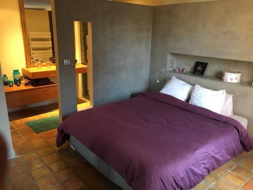 - une chambre avec un lit violet et une salle de bains dans l'établissement Villa piscine Gorges d'Ardèche, à Pont-Saint-Esprit
