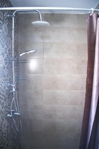 a shower with a glass door in a bathroom at Xanthi's Summer House in Vathí