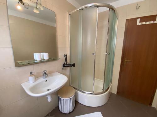 ein Bad mit einem Waschbecken und einer Dusche mit einem Spiegel in der Unterkunft Apartement ANCICA in Split