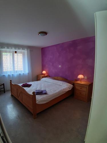 a bedroom with a bed and a purple wall at Casa Allegra- appartamento Calla in Cavergno