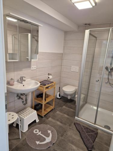 a bathroom with a shower and a sink and a toilet at Seeblick in Hohenfelde
