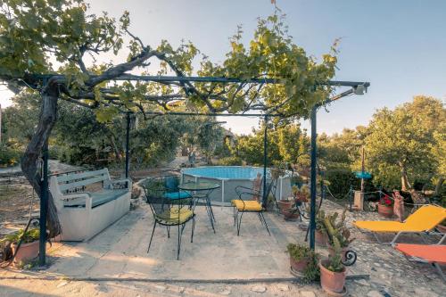 a patio with a table and chairs and a pool at Rustic Retreat in Tílisos