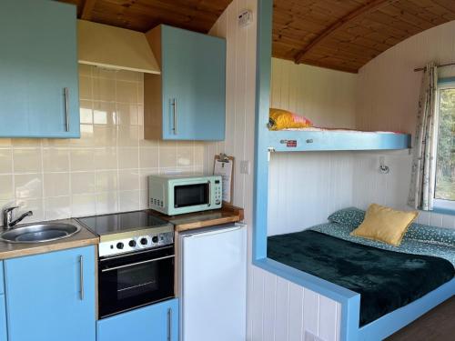a small kitchen with a sink and a microwave at Reef Shepherds Hut in Penally