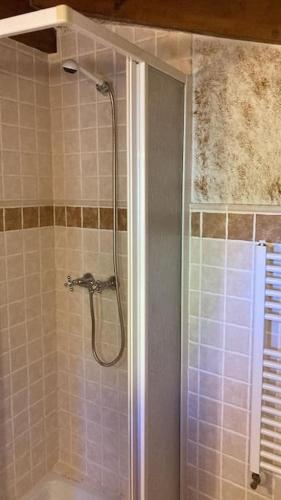a shower with a glass door in a bathroom at Casa independiente con chimena, jardín y barbacoa in Santander