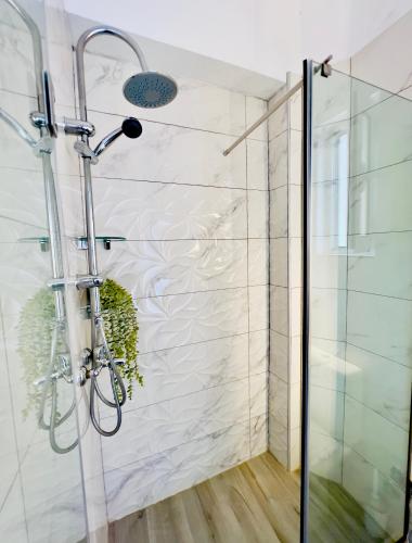 a shower with a glass door in a bathroom at Romantic Palace Beach Apartments in Agios Gordios