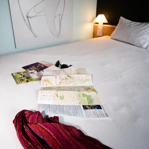 a bed with a pile of newspapers and a cat sitting on top at ibis Chartres Ouest Luce in Chartres