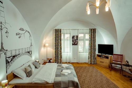 1 dormitorio con 1 cama grande y TV en Studio Central, en Sibiu
