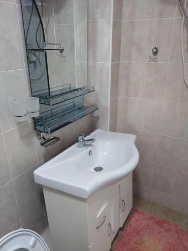 a bathroom with a sink and a mirror and a toilet at Пансионат Сабрина in Bosteri