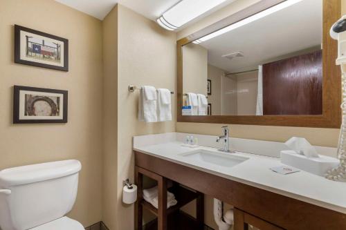 a bathroom with a toilet and a sink and a mirror at Comfort Inn & Suites Airport in San Antonio