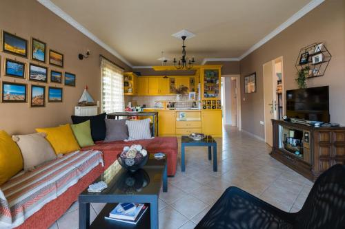 a living room with a couch and a kitchen at Aurelia Apartment in Lixouri