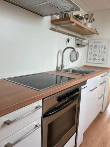 a kitchen with a sink and a stove at Dachgeschosswohnung in Weiherhammer in Weiherhammer