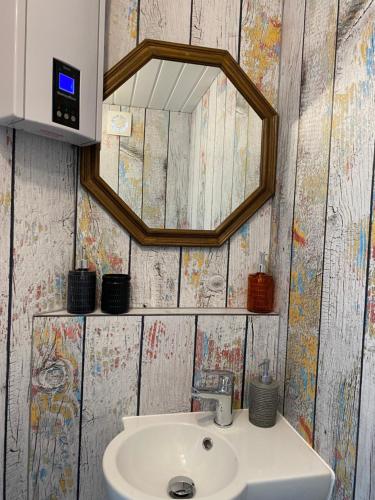 a bathroom with a sink and a mirror at Die Pilgerbox, Tiny House trifft Urlaub in Dahlem