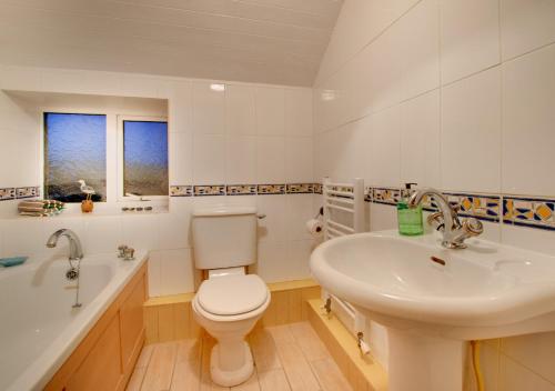 a white bathroom with a toilet and a sink at Castle Point Cottage Craster in Craster