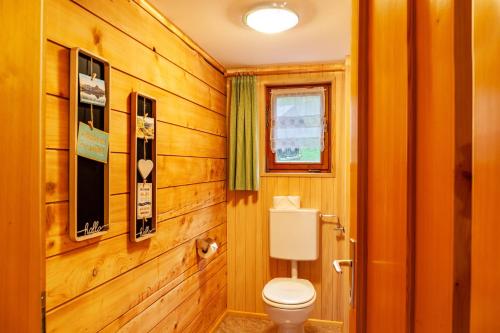 a bathroom with a toilet and wooden walls at Ferienhaus Dünser in Bizau