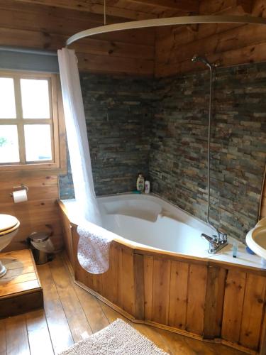 a bathroom with a bath tub and a sink at Bryn Fach Log Cabin in Merthyr Cynog