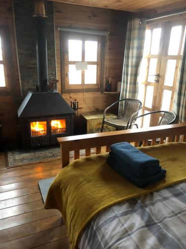 1 dormitorio con 1 cama y chimenea en una habitación en Bryn Fach Log Cabin en Merthyr Cynog