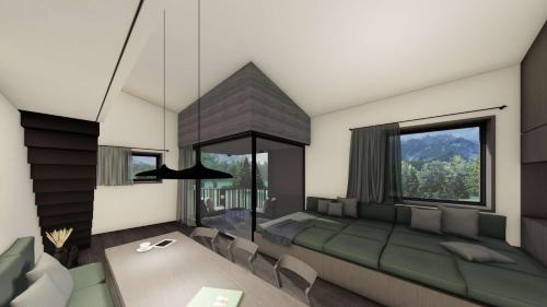 a bedroom with a green bed and a large window at Dietlgut Natur Resort in Hinterstoder