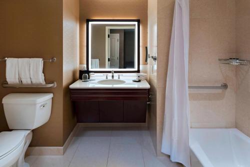 a bathroom with a sink and a toilet and a mirror at Sheraton Austin Georgetown Hotel & Conference Center in Georgetown