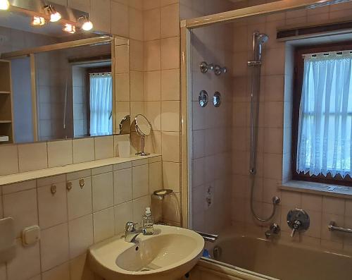 a bathroom with a sink and a tub and a mirror at Sonnenblick in Fischen