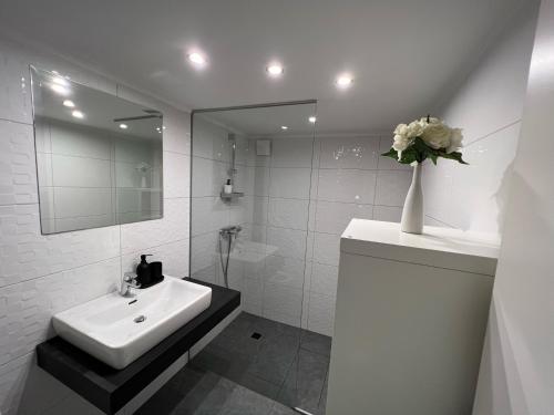 a white bathroom with a sink and a mirror at Absolutum Apartments in Ljubljana