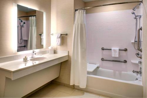 斯托克布里奇的住宿－Fairfield Inn & Suites by Marriott Atlanta Stockbridge，一间带水槽、浴缸和淋浴的浴室