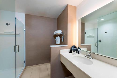a bathroom with a sink and a shower at Fairfield by Marriott Inn & Suites Palm Desert Coachella Valley in Palm Desert